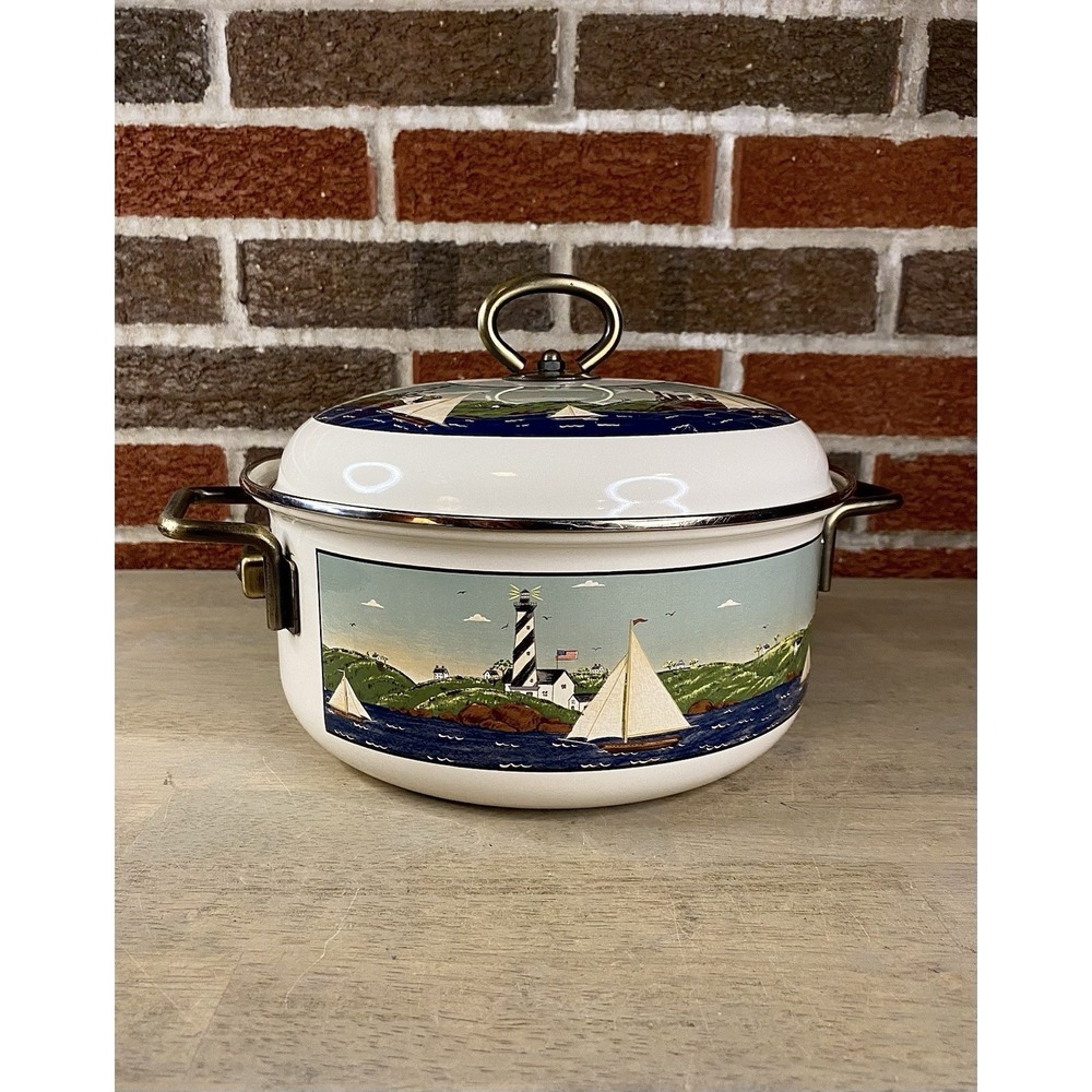 Rare Warren Kimble Coastal Breeze 4 Qt Enamelware Stew Pot Lighthouse Ship Ocean